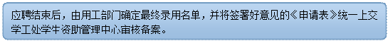 流程图: 可选过程: 应聘结束后，由用工部门确定最终录用名单，并将签署好意见的《申请表》统一上交学工处学生资助管理中心审核备案。